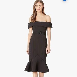 BADGLEY MISCHKA Off-The-Shoulder Belted Scuba Dress Black